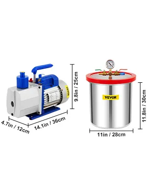 Cámara de vacío VEVOR con bomba - dimensiones: 4,7 x 14,1 pulgadas (bomba) y 9,8 x 11 pulgadas (cámara).
