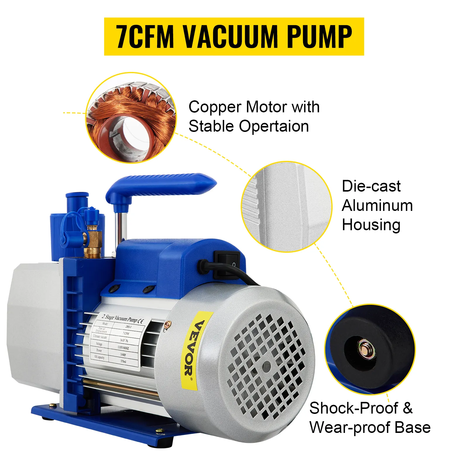 Cámara de vacío VEVOR con bomba con motor de cobre, carcasa de aluminio fundido a presión y base resistente al desgaste.