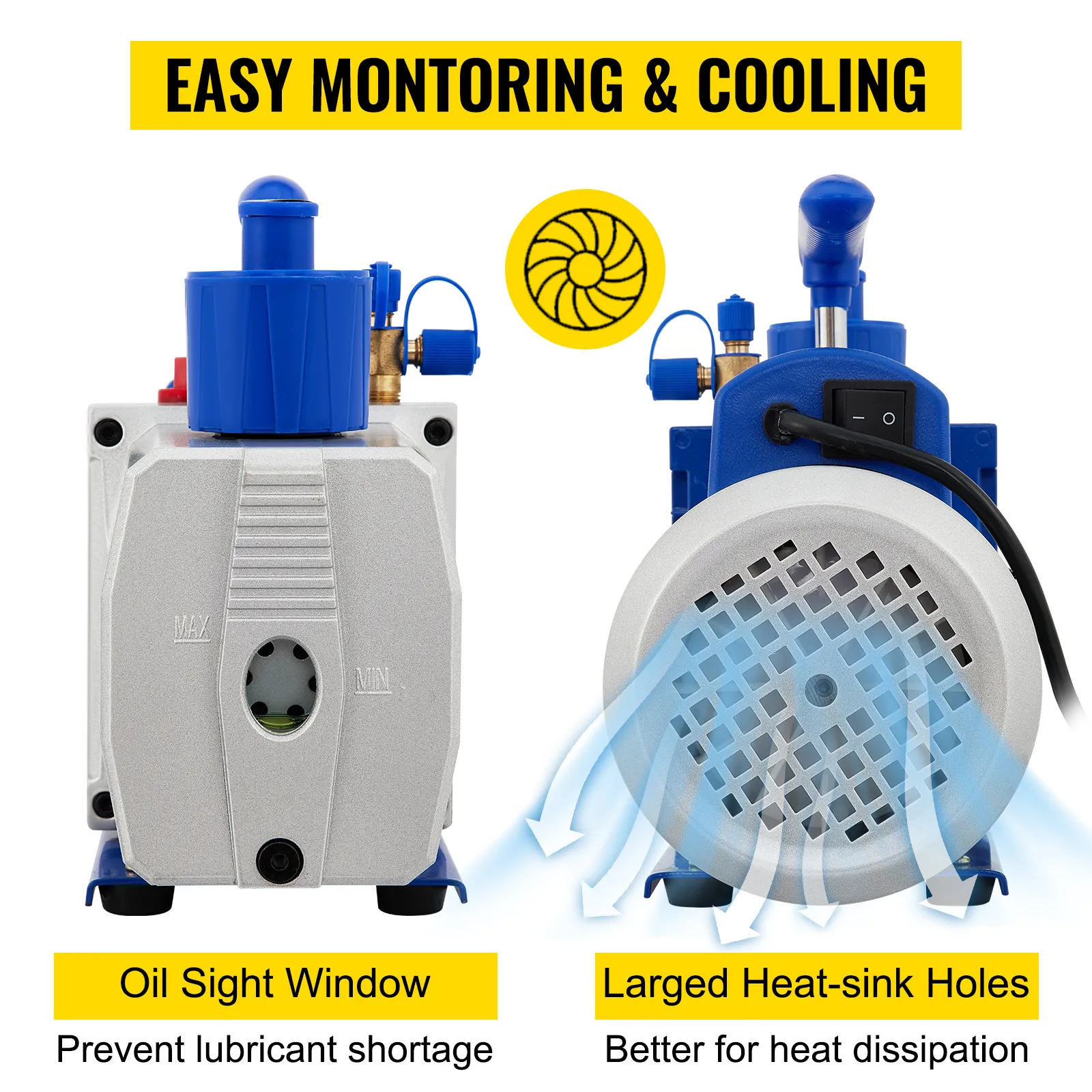 Cámara de vacío VEVOR con bomba; ventana de visualización de aceite, grandes orificios de disipación de calor para monitoreo y enfriamiento.