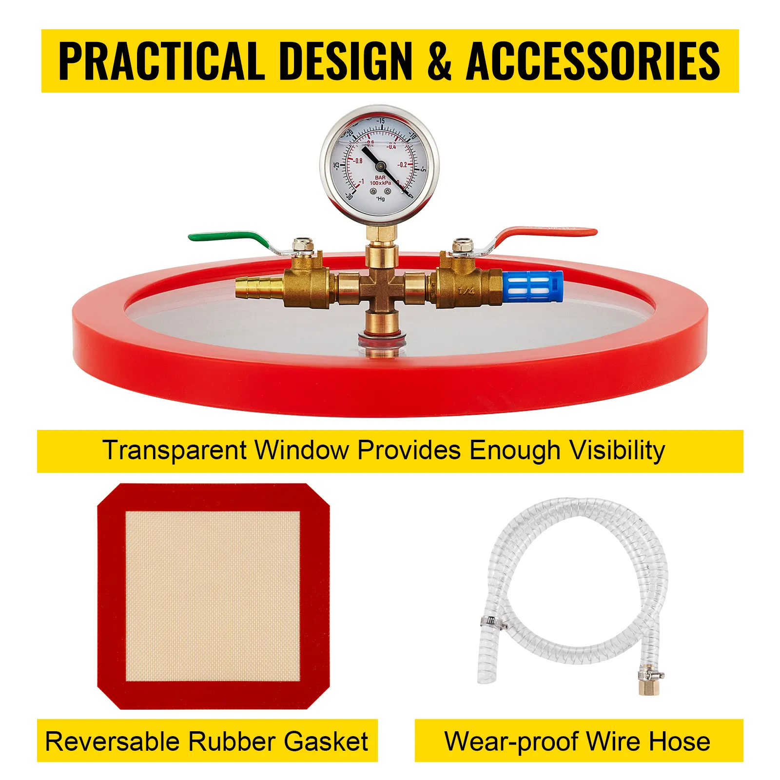 Cámara de vacío VEVOR con bomba, ventana transparente, junta de goma reversible y manguera de alambre resistente al desgaste