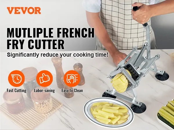 Krajalnica do frytek VEVOR używana na kuchennym blacie ze słoikami i pokrojonymi warzywami. Szybkie i łatwe krojenie.