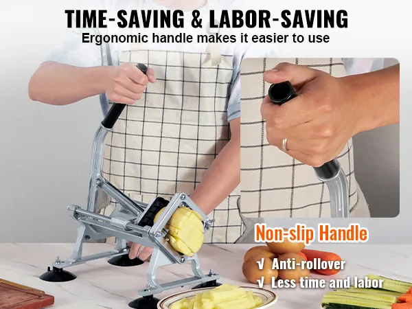 osoba używająca krajalnicy do frytek VEVOR z uchwytem antypoślizgowym do krojenia ziemniaków i marchwi, o ergonomicznym kształcie.