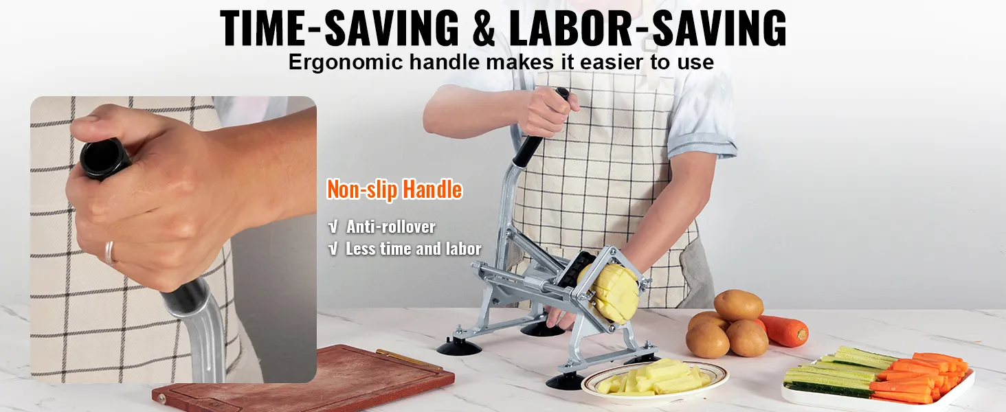osoba używająca krajalnicy do frytek VEVOR z uchwytem antypoślizgowym do krojenia ziemniaków i marchwi, o ergonomicznym kształcie.