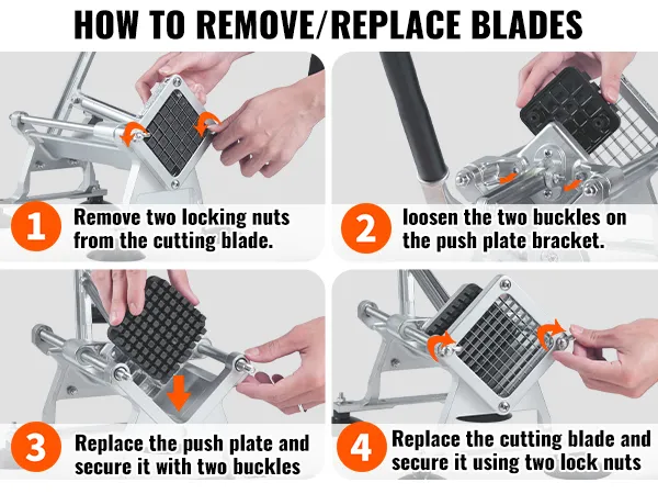 jak wymienić ostrza w krajalnicy do frytek VEVOR, z wizualnym przewodnikiem krok po kroku.