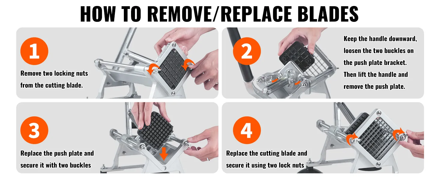 jak wymienić ostrza w krajalnicy do frytek VEVOR, z wizualnym przewodnikiem krok po kroku.