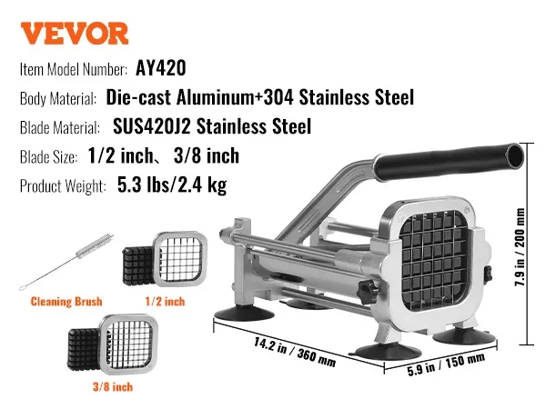 Krajalnica do frytek VEVOR AY420, odlew aluminiowy, ostrza ze stali nierdzewnej SUS420J2, 1/2 cala i 3/8 cala.
