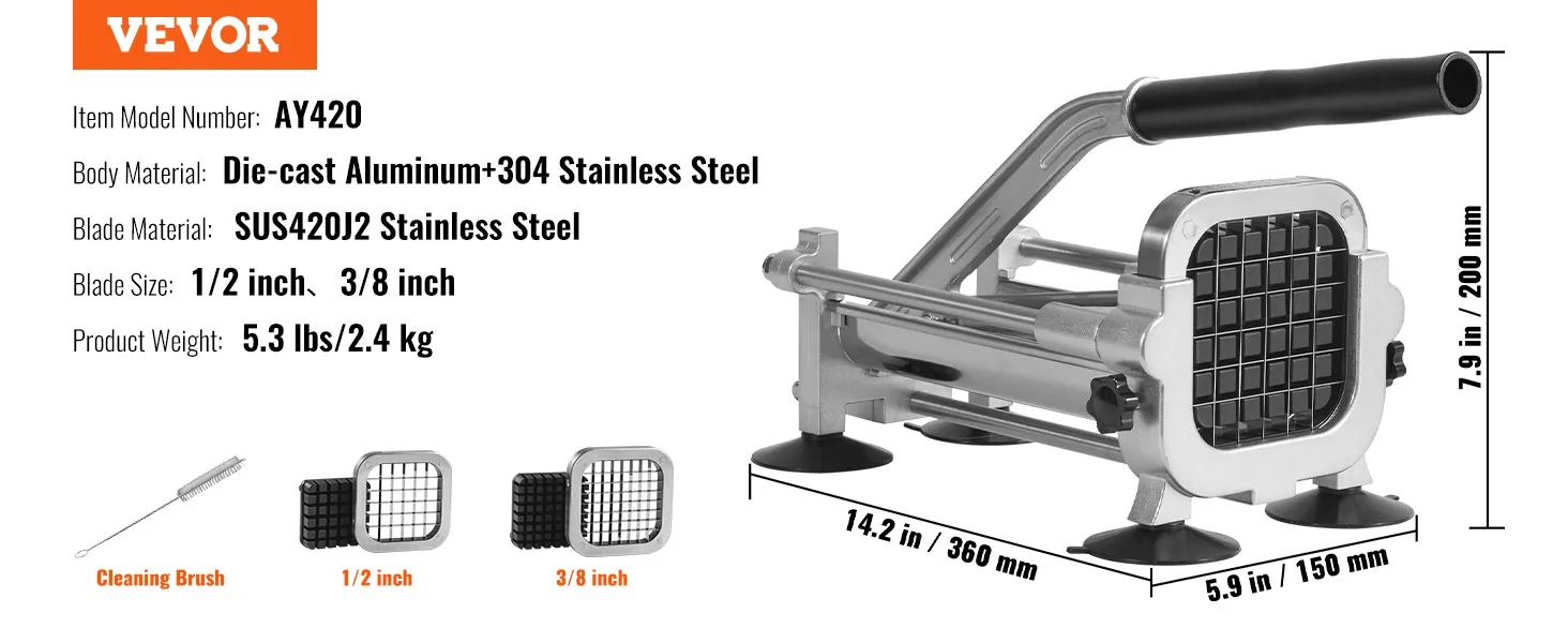 Krajalnica do frytek VEVOR AY420, odlew aluminiowy, ostrza ze stali nierdzewnej SUS420J2, 1/2 cala i 3/8 cala.