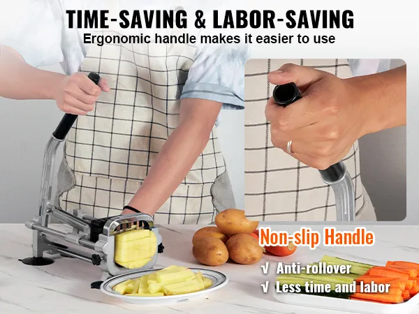 osoba używająca krajalnicy do frytek VEVOR z ergonomicznym uchwytem umożliwiającym łatwe krojenie ziemniaków; w pobliżu znajdują się półmiski z warzywami.