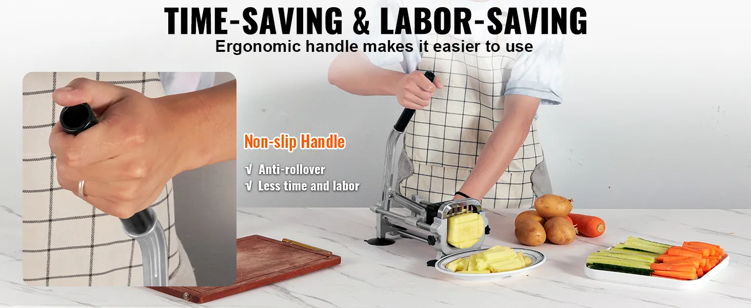 osoba używająca krajalnicy do frytek VEVOR z ergonomicznym uchwytem umożliwiającym łatwe krojenie ziemniaków; w pobliżu znajdują się półmiski z warzywami.