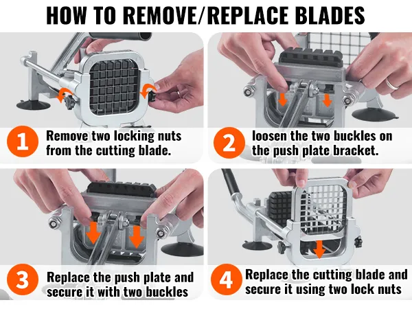 Instrukcja wymiany ostrza w krajalnicy do frytek VEVOR, kroki 1–4, korzystanie z nakrętek blokujących i płytki dociskowej.