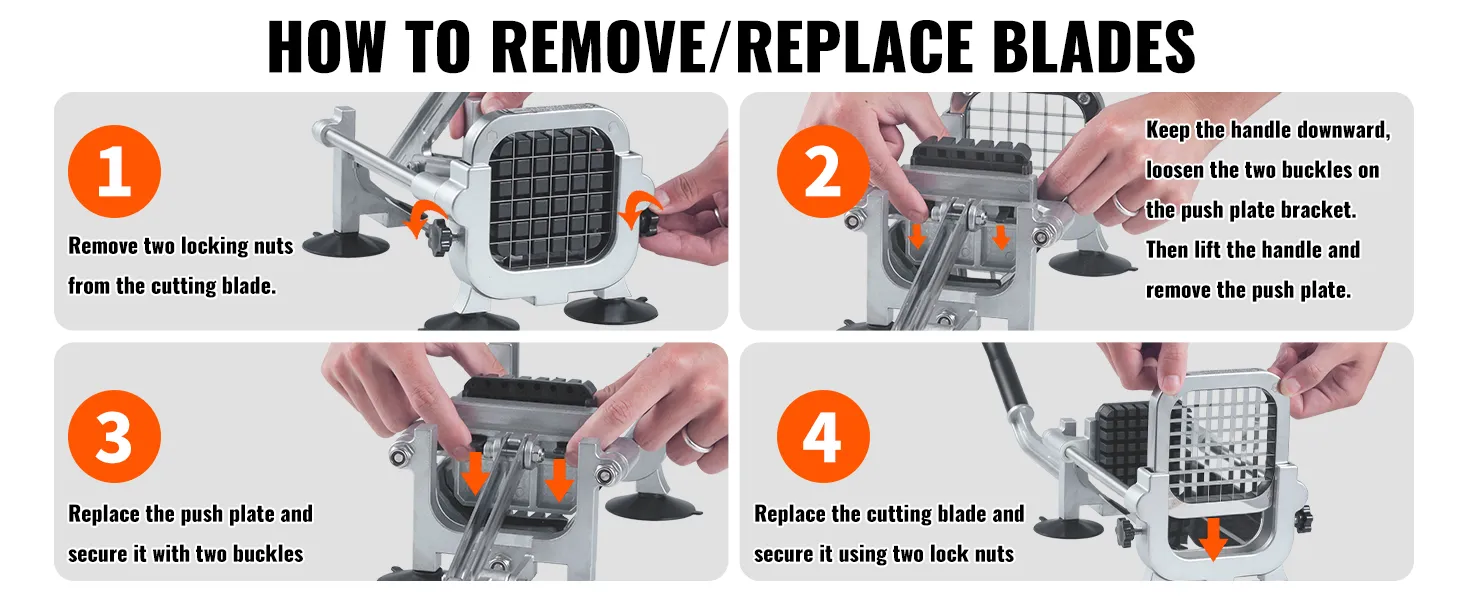 Instrukcja wymiany ostrza w krajalnicy do frytek VEVOR, kroki 1–4, korzystanie z nakrętek blokujących i płytki dociskowej.