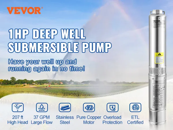 VEVOR 1hp deep well submersible pump, 207 ft high head, 37 gpm, stainless steel, etl certified.
