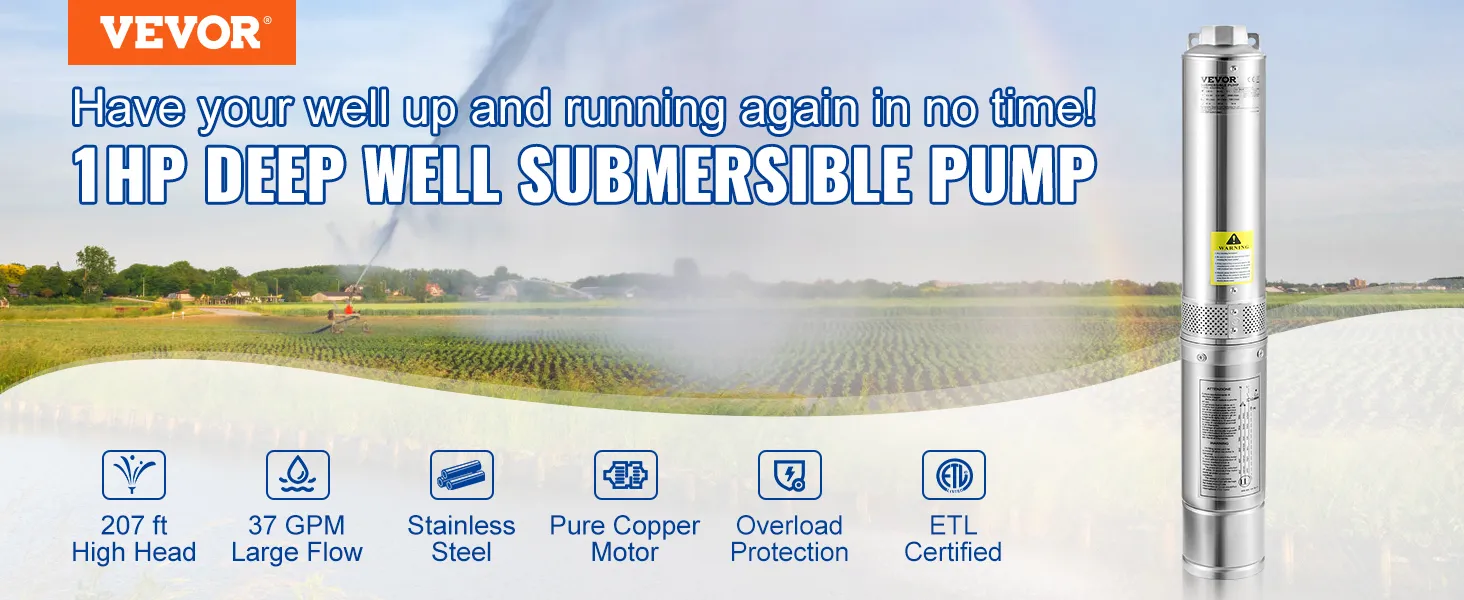 Bomba sumergible para pozo profundo VEVOR de 1 hp, altura de 207 pies, 37 gpm, acero inoxidable, certificación ETL.