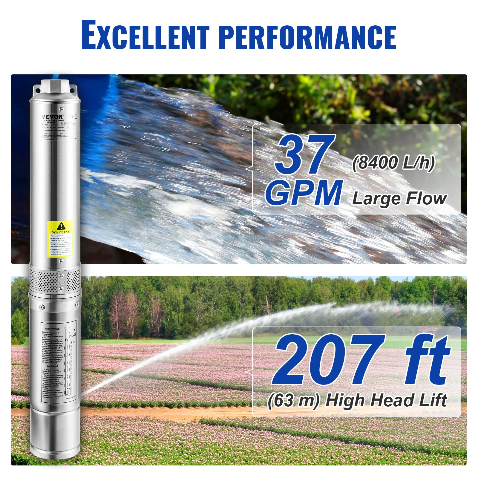 Bomba de pozo profundo VEVOR que presenta un gran caudal de 37 gpm (8400 l/h) y una altura de elevación de 207 pies (63 m).