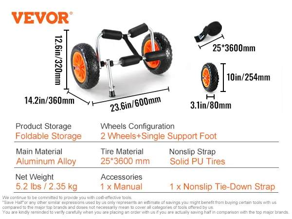 Carrello per kayak VEVOR con telaio pieghevole in alluminio, pneumatici in PU da 10 pollici, cinghia antiscivolo e manuale incluso.