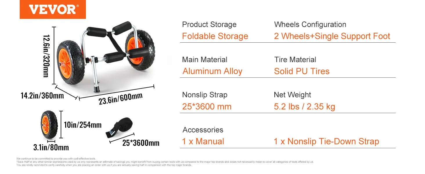 Carrello per kayak VEVOR con telaio pieghevole in alluminio, pneumatici in PU da 10 pollici, cinghia antiscivolo e manuale incluso.
