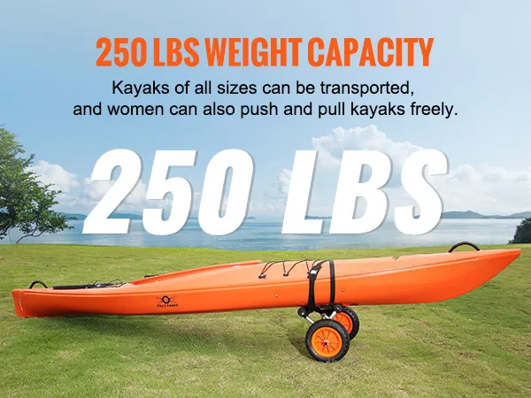 Kayak arancione brillante su carrello per kayak VEVOR, capacità di carico di 250 libbre, campo erboso con acqua sullo sfondo.