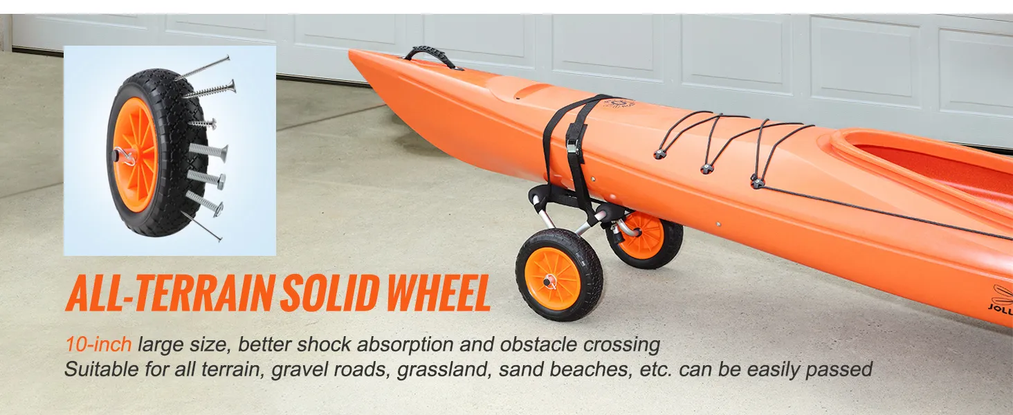 Kayak arancione sul carrello per kayak VEVOR con ruote da 10 pollici adatte a tutti i terreni per un facile trasporto.
