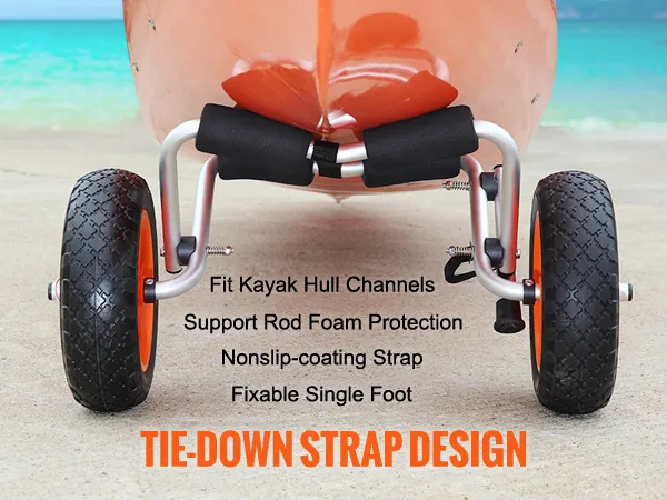 Carrello per kayak VEVOR con design con cinghia di ancoraggio, cinghia con rivestimento antiscivolo e protezione in schiuma sulle ruote.
