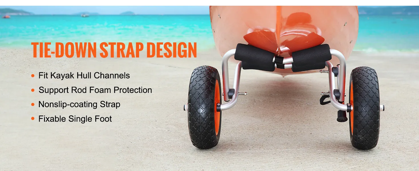 Carrello per kayak VEVOR con design con cinghia di ancoraggio, cinghia con rivestimento antiscivolo e protezione in schiuma sulle ruote.