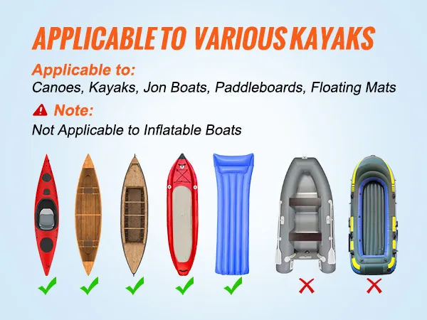 Carrello per kayak VEVOR: adatto a canoe, kayak, jon boat, paddleboard, materassini galleggianti. Non adatto a gonfiabili.