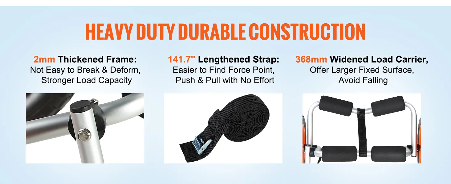 Costruzione robusta e durevole: il carrello per kayak VEVOR è dotato di telaio da 2 mm, cinghia da 141,7", portapacchi da 368 mm.