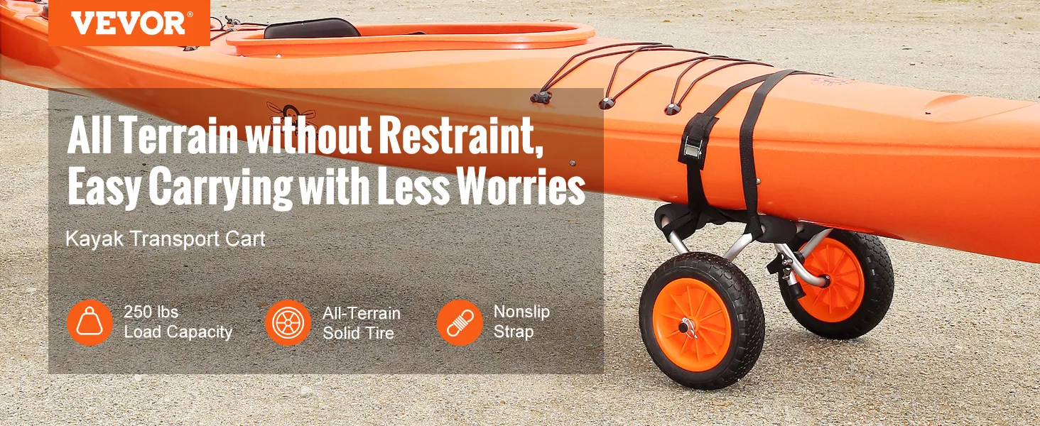 VEVOR kayak cart with all-terrain solid tires and nonslip strap, suitable for 250 lbs load capacity.