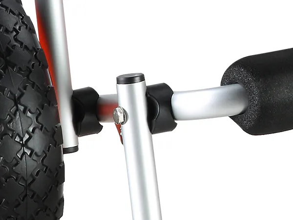 close-up of VEVOR kayak cart showing rugged wheel and robust metal frame with foam padding for support.