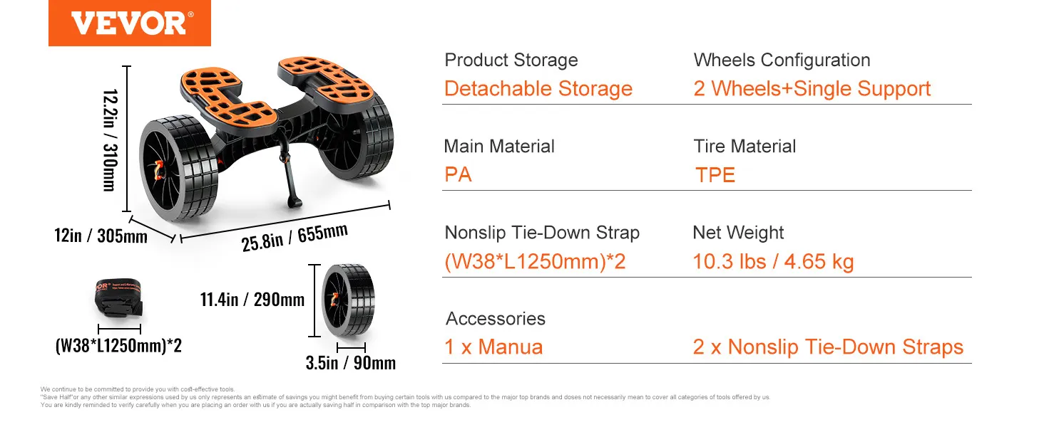 VEVOR heavy duty kayak cart with detachable storage, aluminum alloy frame, and solid pu tires.