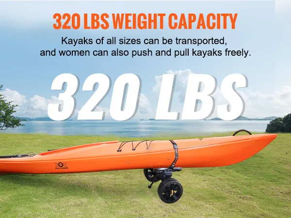 orange kayak on grassy hillside with text "320 lbs weight capacity". VEVOR heavy duty kayak cart supports up to 320 lbs.
