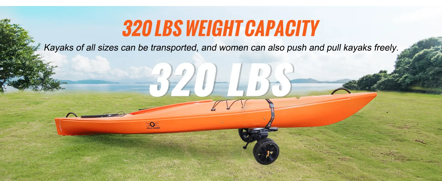 orange kayak on grassy hillside with text "320 lbs weight capacity". VEVOR heavy duty kayak cart supports up to 320 lbs.