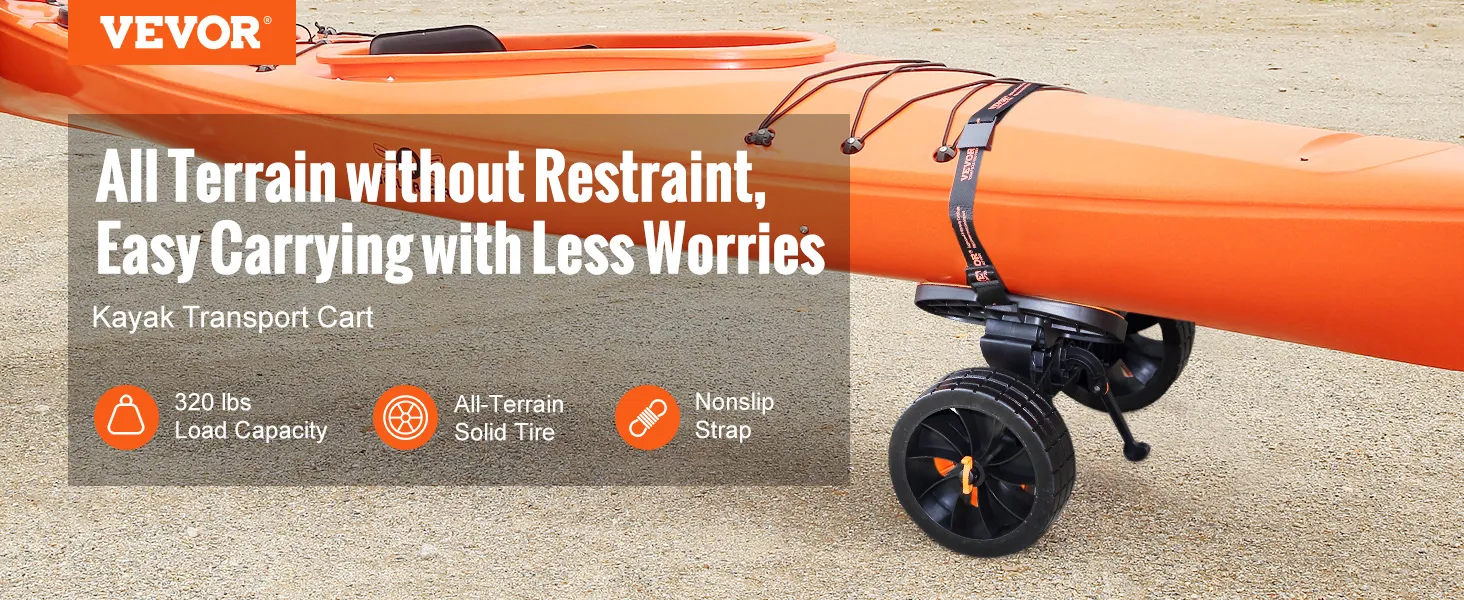 VEVOR heavy duty kayak cart with nonslip strap, solid tires, and 320 lbs load capacity.