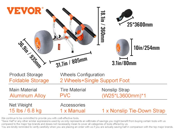 VEVOR heavy duty kayak cart with foldable storage, aluminum alloy frame, and pvc tires.
