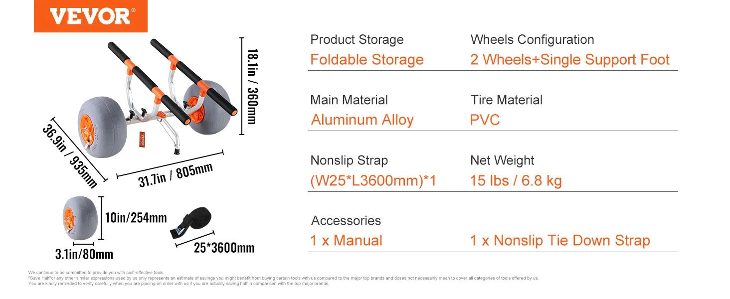 VEVOR heavy duty kayak cart with foldable storage, aluminum alloy frame, and pvc tires.