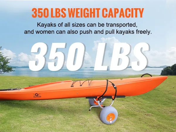 VEVOR heavy duty kayak cart with 350 lbs weight capacity, transporting an orange kayak on a grassy field.