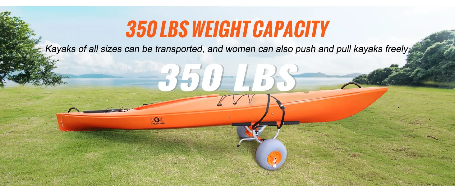 VEVOR heavy duty kayak cart with 350 lbs weight capacity, transporting an orange kayak on a grassy field.