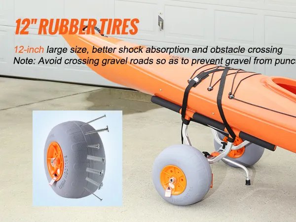 12" rubber tires of VEVOR heavy duty kayak cart, designed for shock absorption and obstacle crossing.