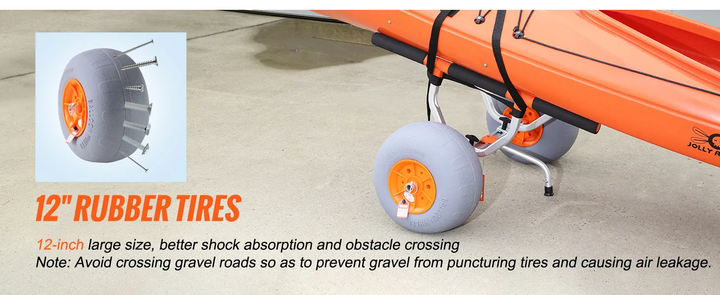 12" rubber tires of VEVOR heavy duty kayak cart, designed for shock absorption and obstacle crossing.