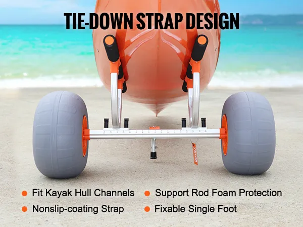 VEVOR heavy duty kayak cart with tie-down strap design, foam protection, and nonslip-coating strap.