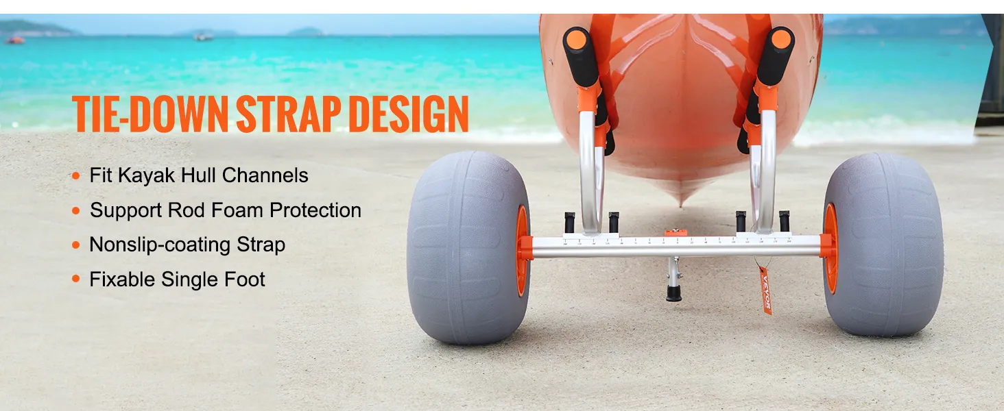 VEVOR heavy duty kayak cart with tie-down strap design, foam protection, and nonslip-coating strap.