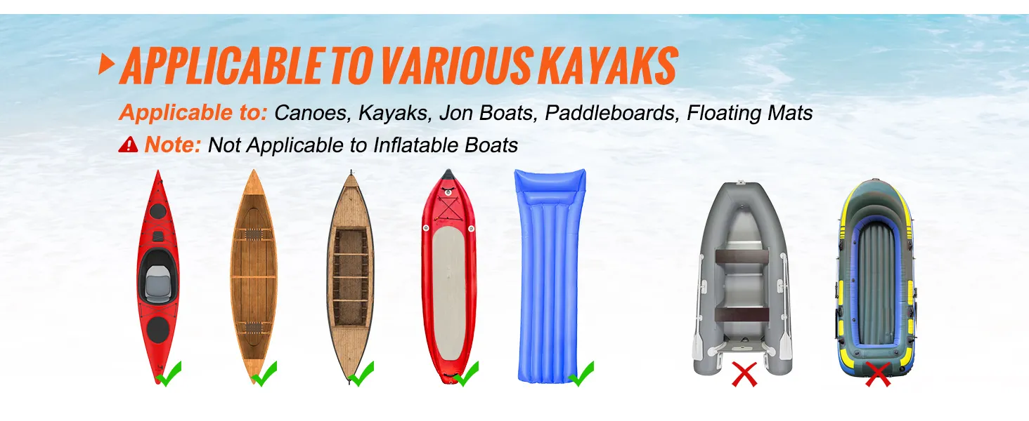 VEVOR heavy duty kayak cart applicable to canoes, kayaks, jon boats, paddleboards, and floating mats.