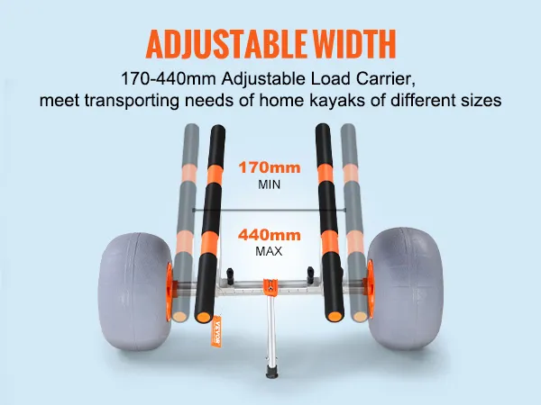 VEVOR heavy duty kayak cart with 170-440mm adjustable width and large wheels for different kayak sizes.