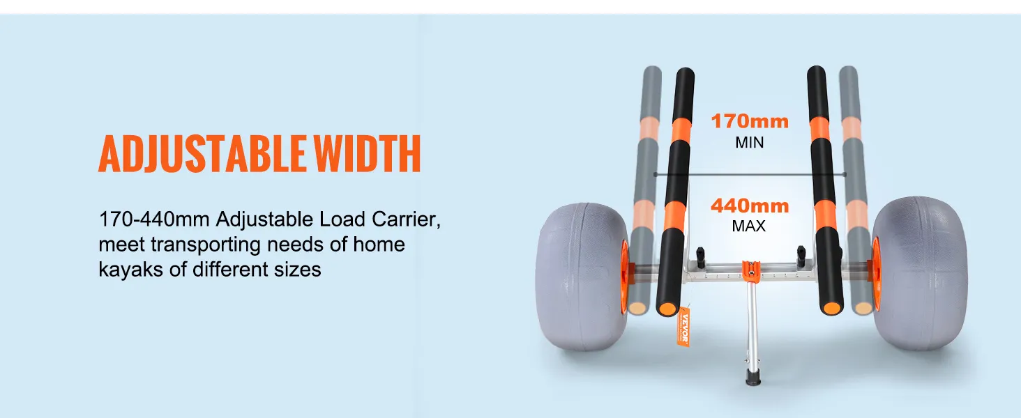 VEVOR heavy duty kayak cart with 170-440mm adjustable width and large wheels for different kayak sizes.