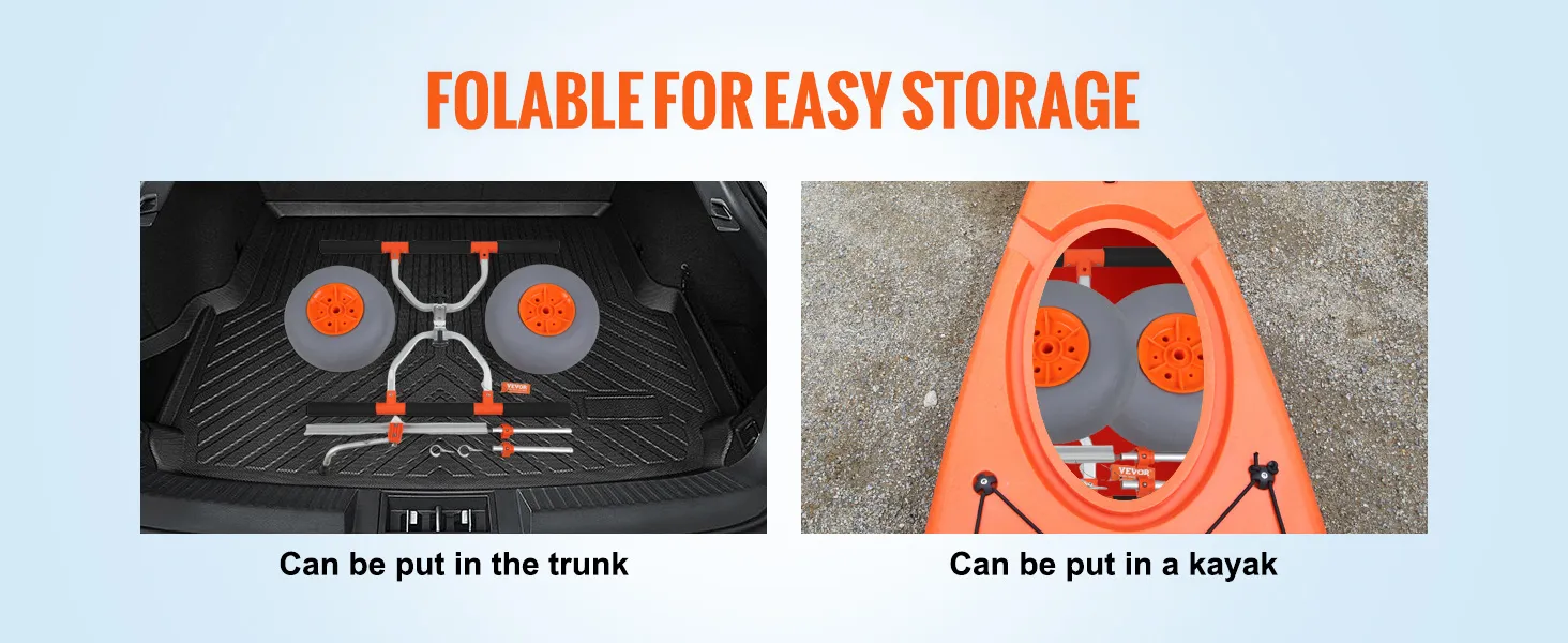 VEVOR heavy duty kayak cart folded for easy storage, shown in a car trunk and inside a kayak.