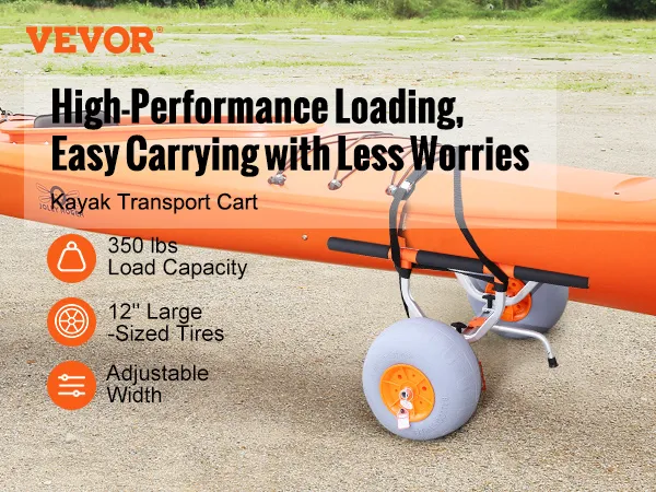VEVOR heavy duty kayak cart with 350 lbs load capacity, 12" tires, and adjustable width in action.