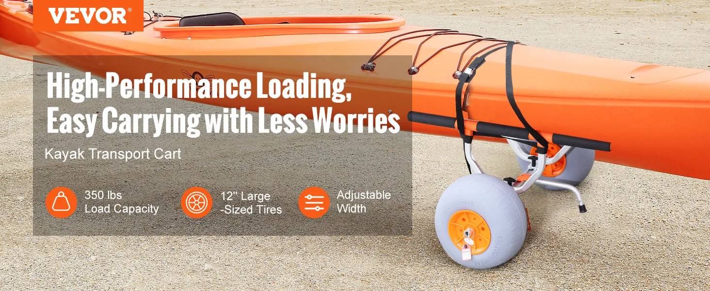 VEVOR heavy duty kayak cart with 350 lbs load capacity, 12" tires, and adjustable width in action.