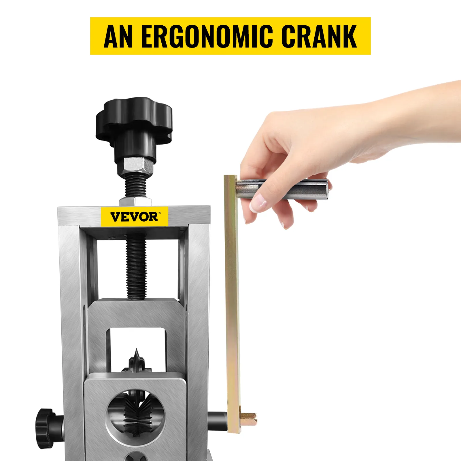 hand operating the ergonomic crank of the VEVOR wire stripping machine.