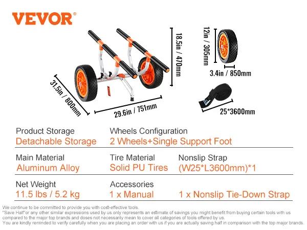 VEVOR kayak cart with 12in solid pu tires and nonslip tie-down strap, aluminum alloy frame, detachable storage.