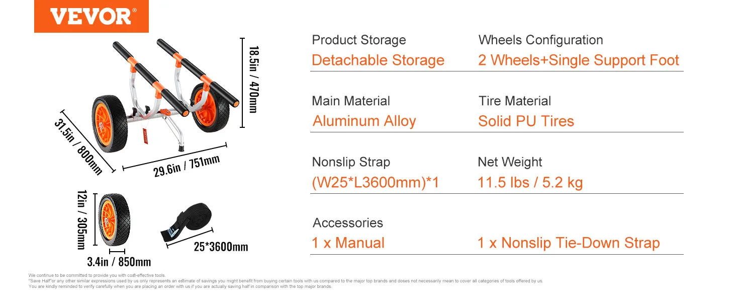 VEVOR kayak cart with 12in solid pu tires and nonslip tie-down strap, aluminum alloy frame, detachable storage.