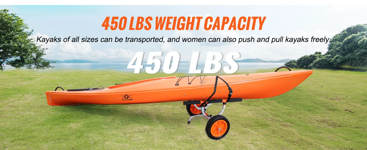 VEVOR kayak cart with 450 lbs weight capacity, carrying an orange kayak on grass near a lake.